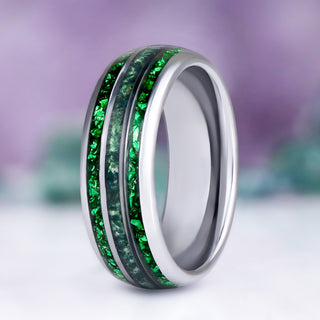 Moss agate and crushed emerald men's wedding band in tungsten, 8mm