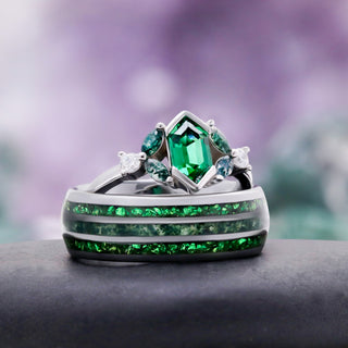 Leaf engagement ring styled with the men's moss agate band as a couples set