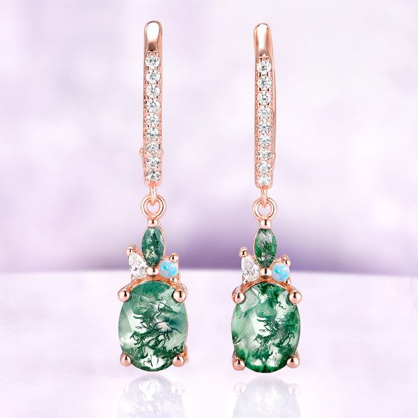 Moss Agate Drop Earrings | Fire Opal Rose Gold – Aquamarise