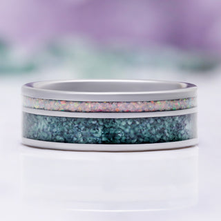 Moss Agate & Fire Opal Men's Wedding Band in Tungsten (8mm) by Aquamarise, with green moss agate and white fire opal inlay in a silver band.