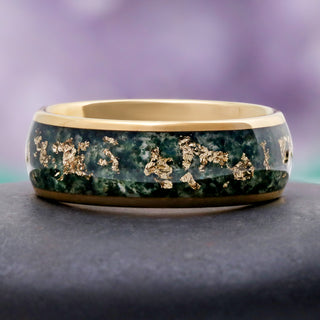 Moss Agate & Gold Leaf Men's Wedding Band in Yellow Gold Tungsten by Aquamarise