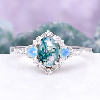 Moss Agate & Opalescent Sapphire Leaf Ring in Sterling Silver