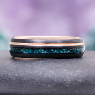 Moss Agate Two Tone Black Rose Gold Tungsten Couples Ring Set by Aquamarise, featuring a black tungsten band with moss agate inlay and polished rose gold accent for matching couples rings.