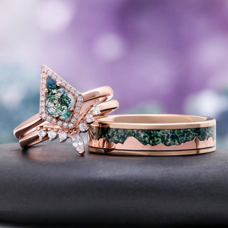 Mountain Range Green Moss Agate Couples Ring Set