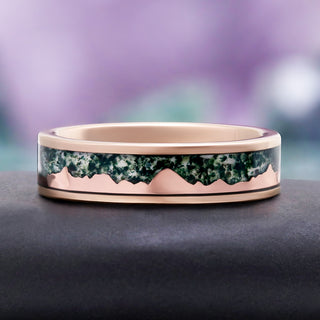 Mountain Range Moss Agate Men's Wedding Band in Rose Gold Tungsten (6mm)