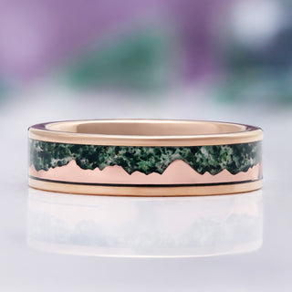 Mountain Range Moss Agate Men's Wedding Band in Rose Gold Tungsten (6mm)