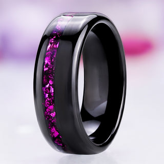 Off-set crushed ruby men's wedding band in polished black tungsten, 8mm dome profile with a lab-grown ruby channel
