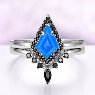 Opalescent Blue Sapphire & Black Onyx Ring Set- Sterling Silver