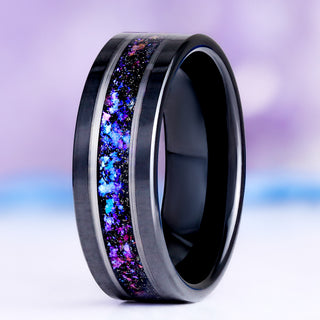 Orion Nebula men's wedding band — purple and blue fire opal inlay in 8mm black tungsten carbide