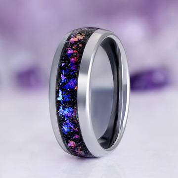 Orion Nebula® Galaxy Fire Opal Band in Tungsten Carbide (8mm) by Aquamarise, polished band with crushed violet, indigo, and pink opal inlay, celestial-inspired men's wedding ring.