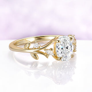 Oval lab-grown diamond nature inspired engagement ring with marquise accents