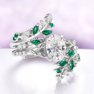 Lab-Grown Diamond & Emerald Leaf Engagement Ring Set in 14K White Gold (IGI Certified)