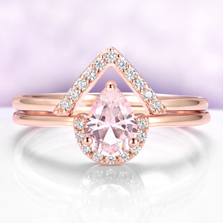 Pear Morganite Chevron Stacking Ring Set in Rose Gold Vermeil