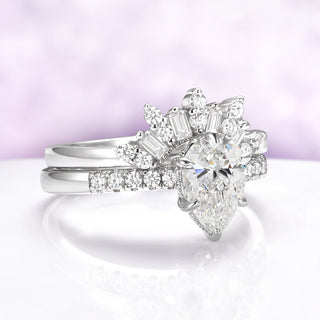 Lab Grown Diamond Crown Wedding Band in 14K White Gold by Aquamarise Gold, featuring a pear-shaped center diamond with baguette and round diamond accents in an Art Deco crown-inspired design.