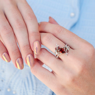 Fireworks Cut Natural Red Garnet Leaf Engagement Ring Set in 14K White Gold