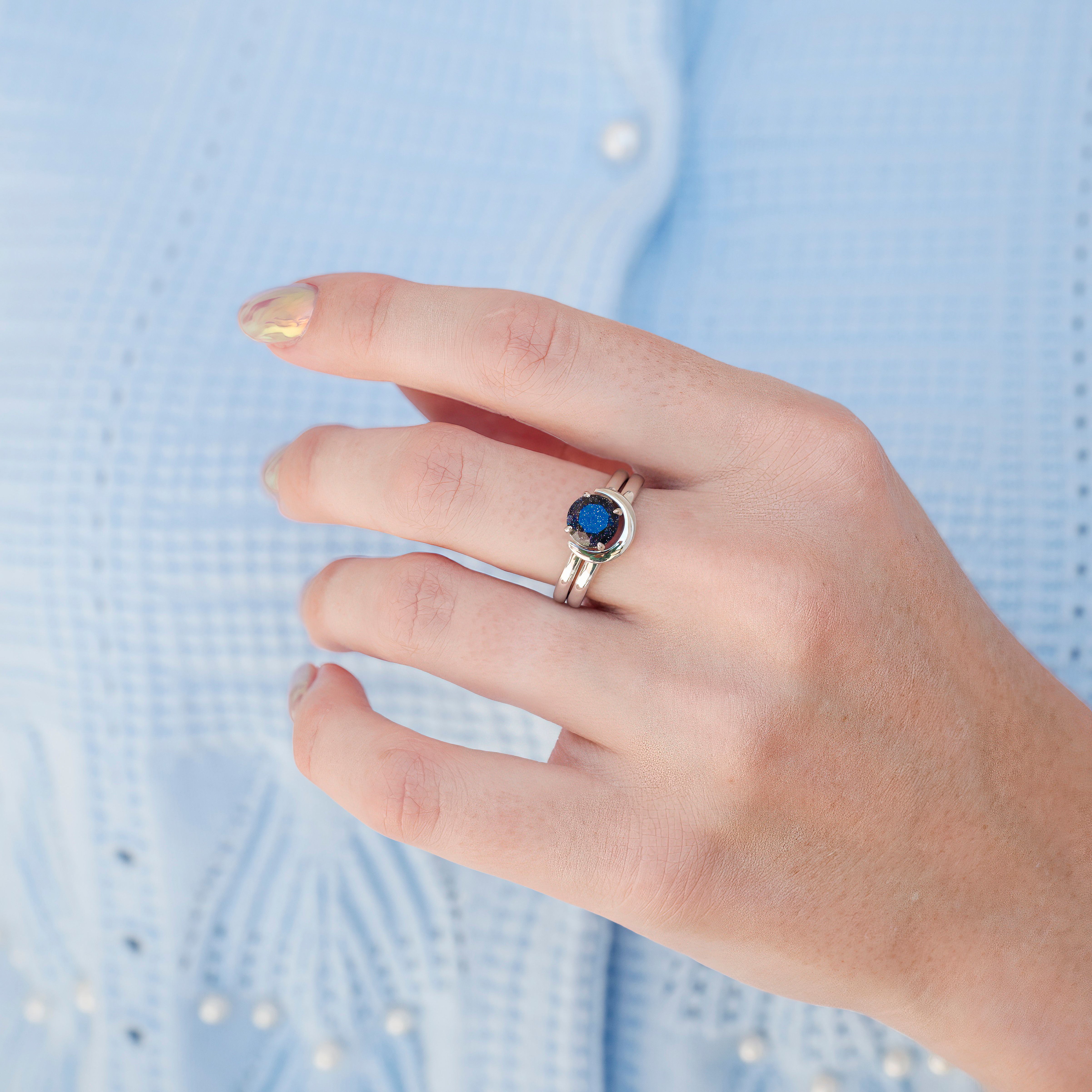 Starry Night Crescent Moon Engagement Ring Set- Sterling Silver