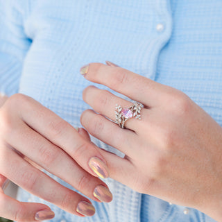 Fireworks Cut Lab-Grown Pink Sapphire Leaf Engagement Ring Set in Sterling Silver