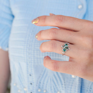 Elain Moss Agate & Teal Sapphire Leaf Ring- Sterling Silver