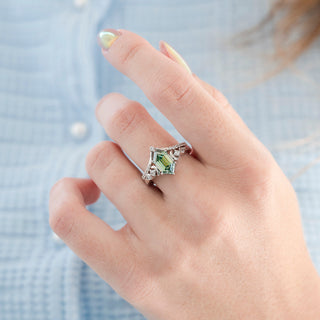 Elara Hexagon Pacific Green Moissanite & Crescent Moon Ring Set in Sterling Silver