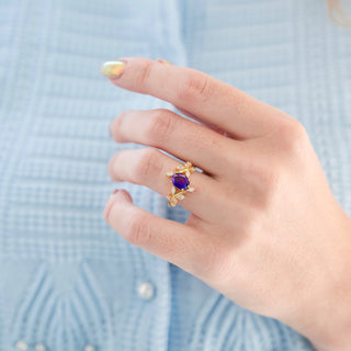 Natural Fireworks Cut Amethyst Leaf Ring in 14K Yellow Gold Vermeil
