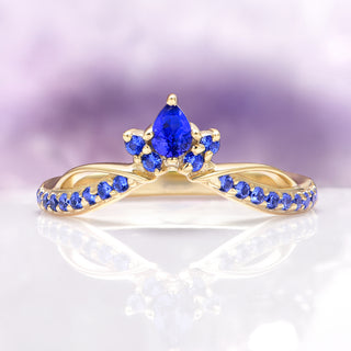 Feyra Blue Sapphire Crown Wedding Band in 14K Solid Yellow Gold