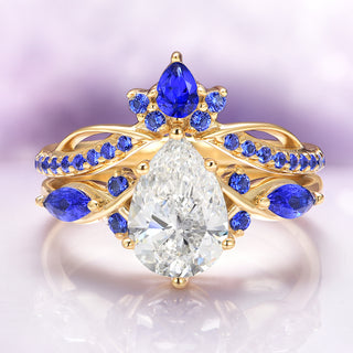 Feyra Lab-Grown Diamond and Blue Sapphire Engagement Ring Set in 14K Solid Yellow Gold (IGI Certified)