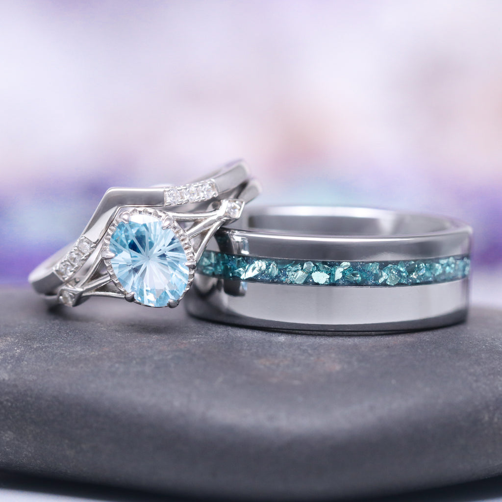Fireworks Cut Aquamarine Couples Ring Set, Celtic Matching rings His ...