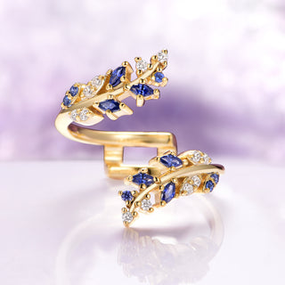 Blue Sapphire and Diamond Leaf Ring Guard in 14K Solid Yellow Gold