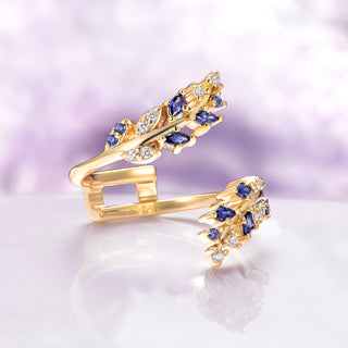 Blue Sapphire and Diamond Leaf Ring Guard in 14K Solid Yellow Gold