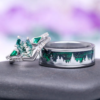Northern Lights Woodland Couples Ring Set
