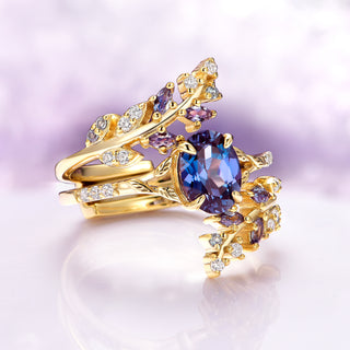 Alexandrite Leaf Engagement Ring Set in 14K Solid Yellow Gold