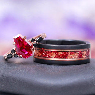 Coffin Cut Ruby and Rose Gold Leaf Couples Ring Set