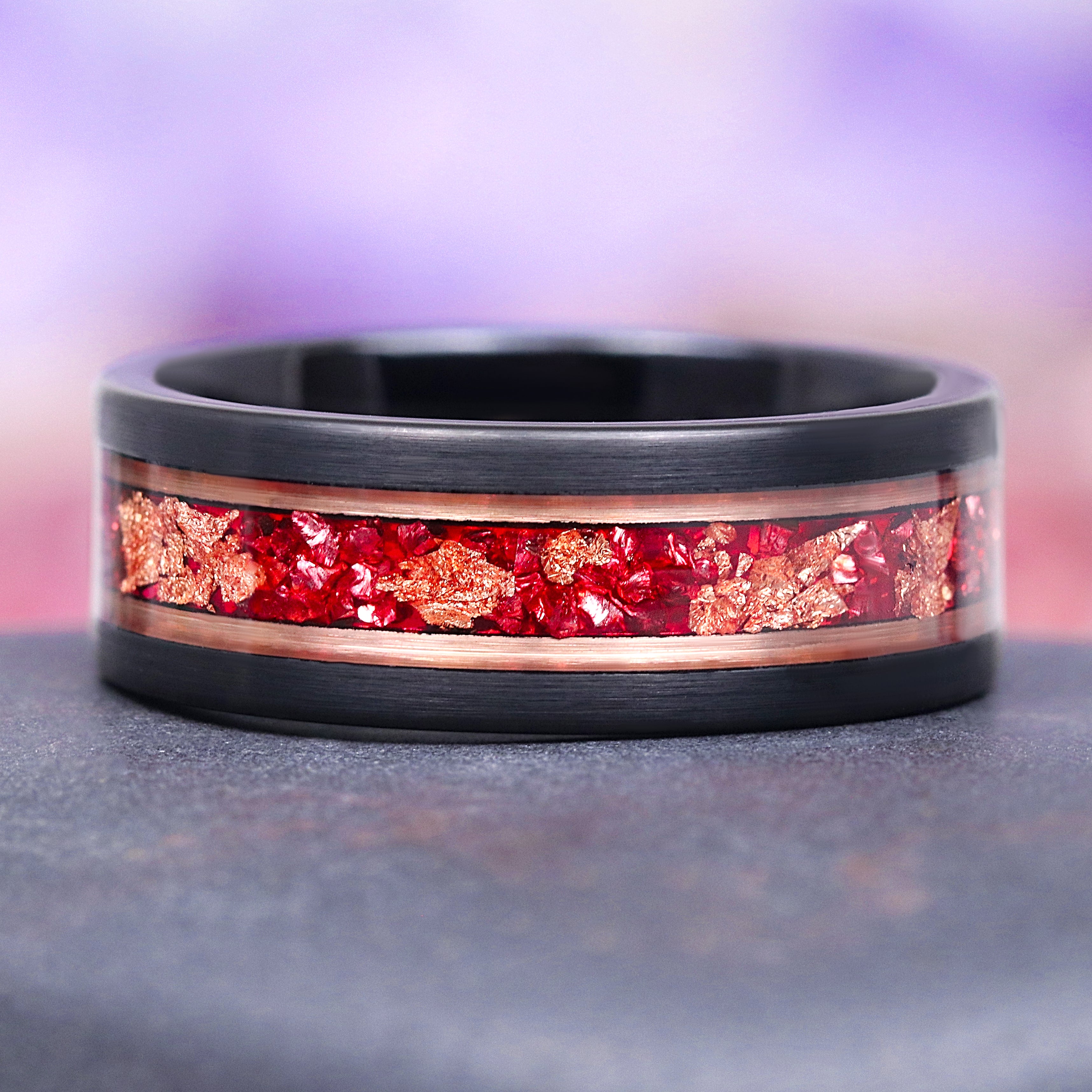 Ruby and Rose Gold Leaf Wedding Band in Two Tone Black Tungsten