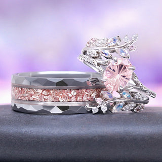 Fireworks Cut Morganite & Moonstone Leaf Couples Ring Set