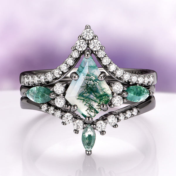 Moss Agate Ring Set 3-Piece | Black Ruthenium Silver – Aquamarise