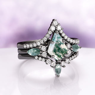 Skye Kite® Green Moss Agate Engagement Ring Set in Black Ruthenium (3-piece)