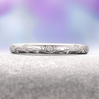 Natural Diamond Leaf Wedding Band in 14K White Gold