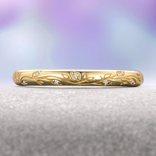 Diamond Leaf Wedding Band in 14K Solid Yellow Gold