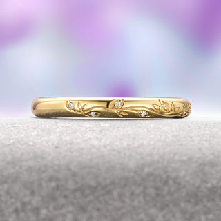 Diamond Leaf Wedding Band in 14K Solid Yellow Gold