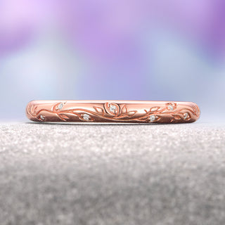 Diamond Leaf Wedding Band in 14K Solid Rose Gold
