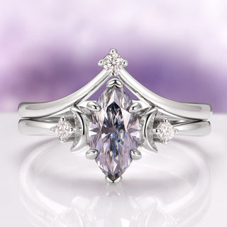 Gray Moissanite Crescent Moon Couples Ring Set