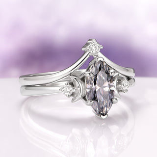 Gray Moissanite Crescent Moon Couples Ring Set