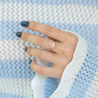 Jasmine Natural Morganite Ring Set in 14K Solid Rose Gold by Aquamarise Gold featuring a peachy-pink morganite with scalloped moissanite halo on a delicate rose gold band.