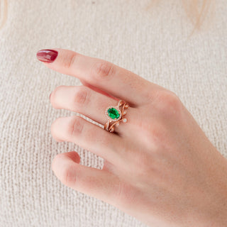 Oval Cut Emerald Leaf Ring Set in 14K Rose Gold Vermeil