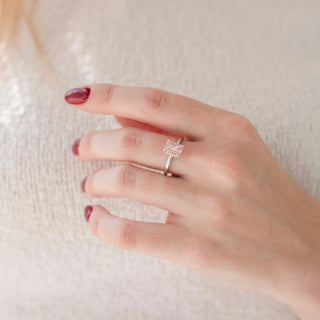 Emerald Cut Morganite Engagement Ring in Sterling Silver (Hidden Halo)