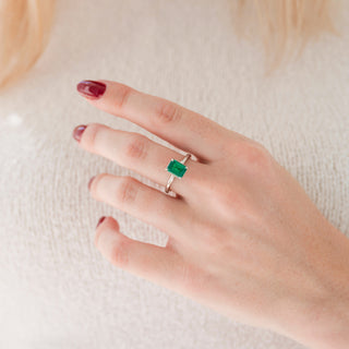 Emerald Cut Emerald Engagement Ring in Sterling Silver (Hidden Halo)