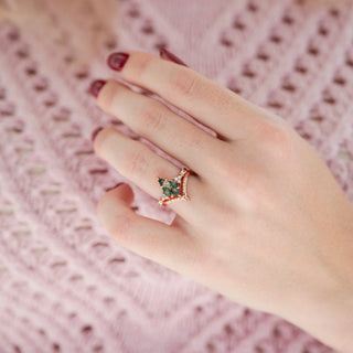 Kite Cut Green Moss Agate Bridal Ring Set in 14K Rose Gold Vermeil