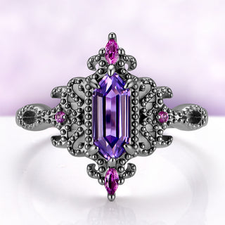 Ravenna Hexagon Lab-Grown Cornflower Sapphire Engagement Ring in Black Ruthenium by Aquamarise, blue-violet hexagon sapphire in a milgrain scrollwork frame