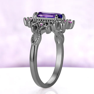 Side profile of the Ravenna cornflower sapphire ring in black ruthenium, showing the height of the milgrain gallery under the hexagon stone