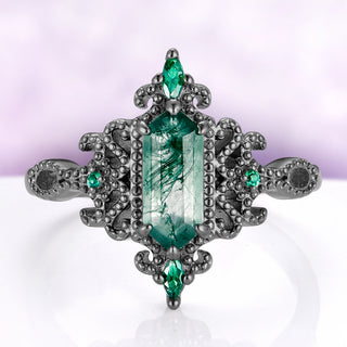 Ravenna Hexagon Moss Agate & Simulated Emerald Ring in Black Ruthenium by Aquamarise, green moss agate hexagon in a milgrain scrollwork frame